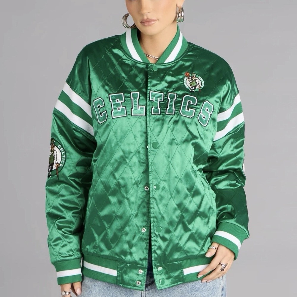 Boston Celtics NBA Ultra Game Green Satin Bomber Jacket Women's Medium NWT